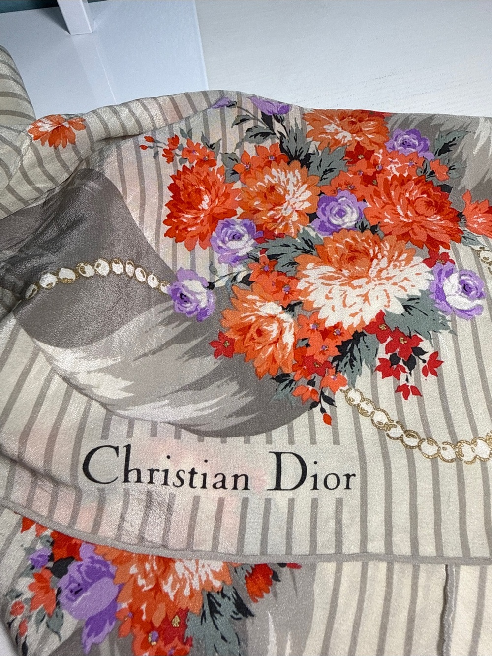Vintage Christian Dior 100% Silk Square Scarf Floral Ribbon Grey